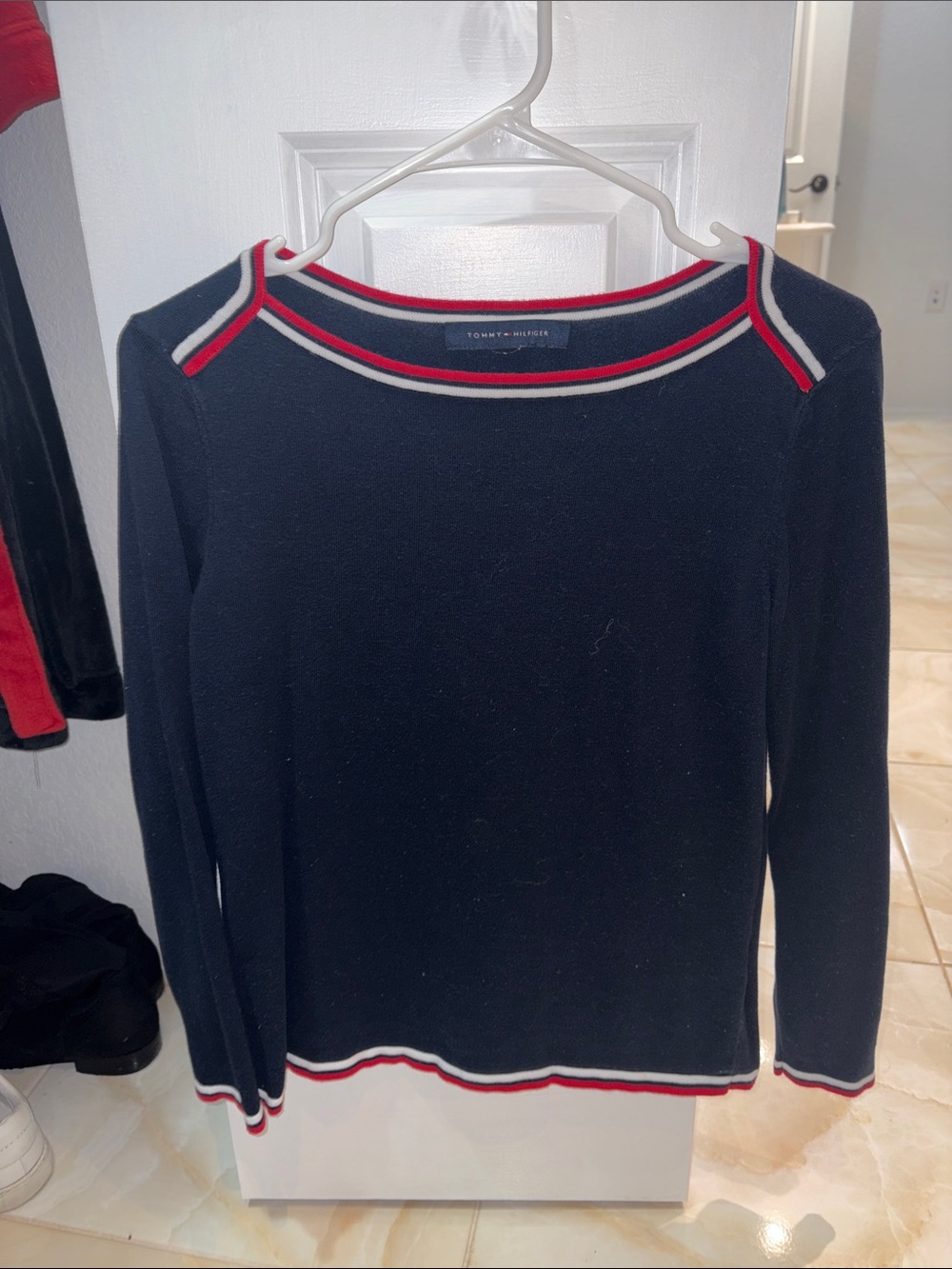Tommy Hilfiger Navy Long Sleeve Sweater with Red & White Trim